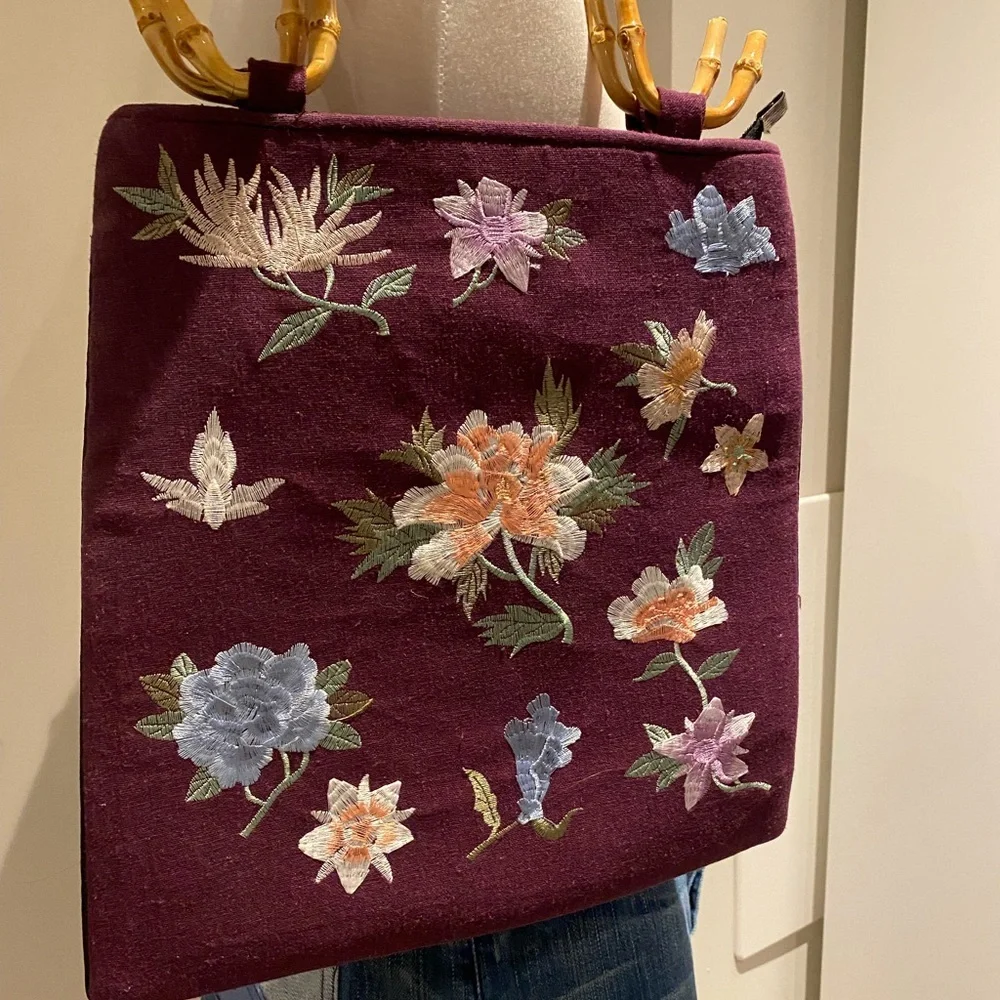 Embroidered Floral Tote with Bamboo Handles - Plum